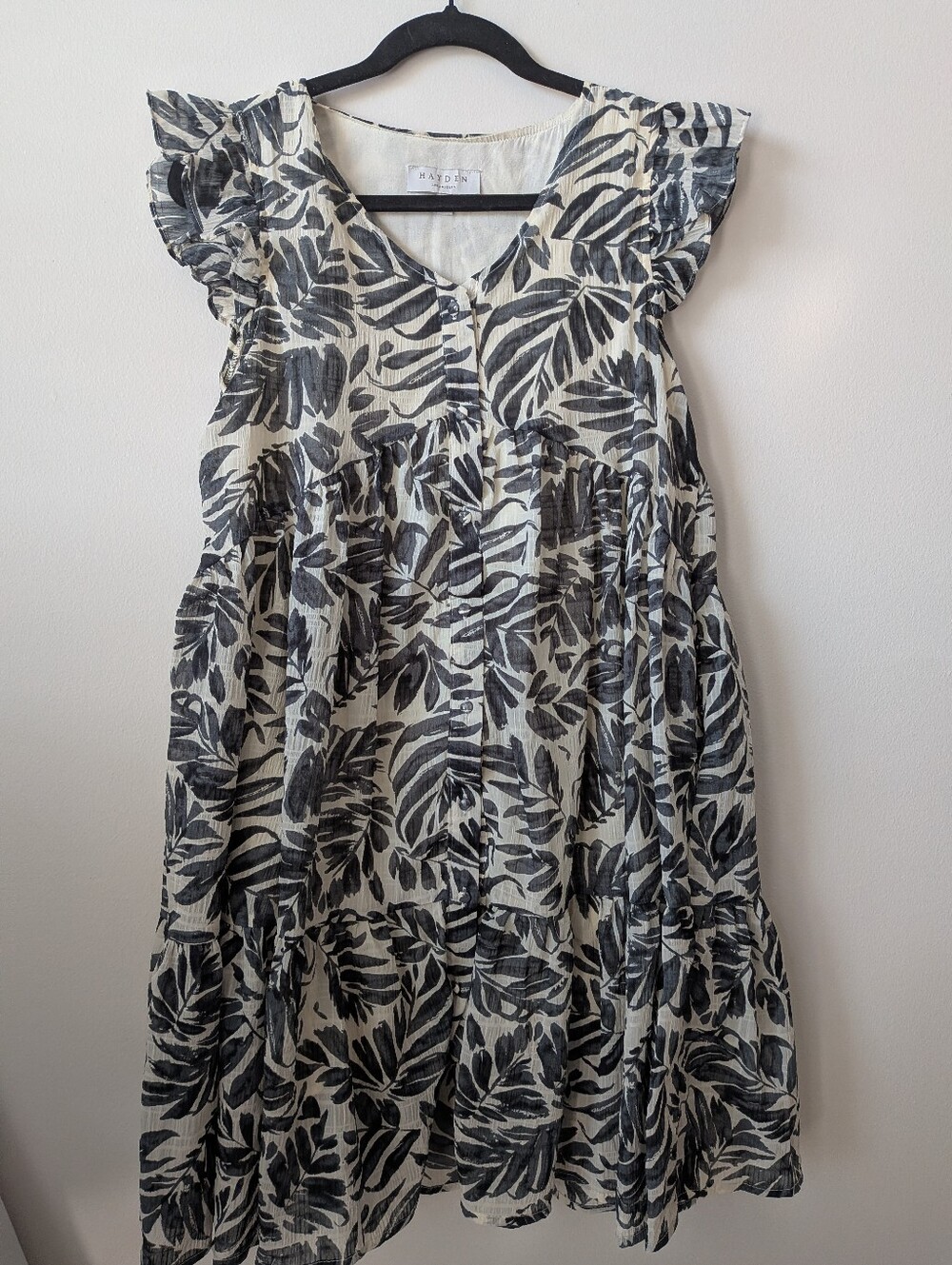 Tropical Leaf Print Tiered Dress in Black & Cream Hayden Los Angeles